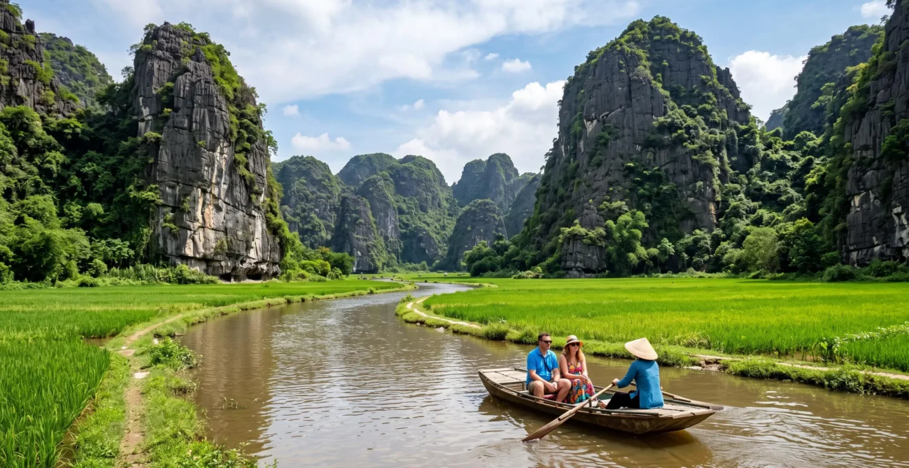 Barque traditionnelle naviguant parmi les formations karstiques et rizières de Ninh Binh lors d'une excursion depuis Hanoï