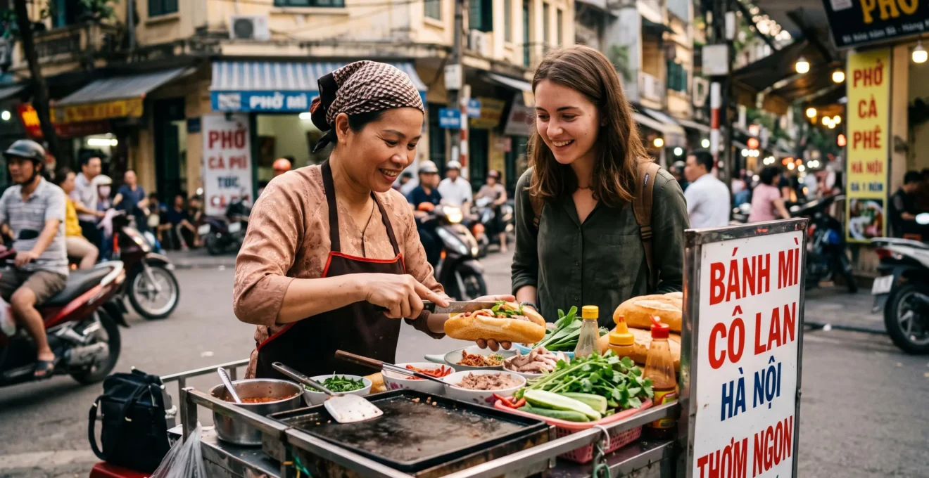 Voyageur découvrant la street food vietnamienne auprès d'une vendeuse dans une rue de Hanoï