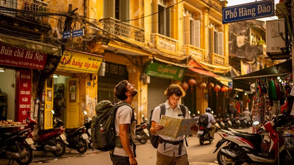 Voyageurs explorant une rue du vieux quartier de Hanoï avec architecture coloniale française et commerces vietnamiens